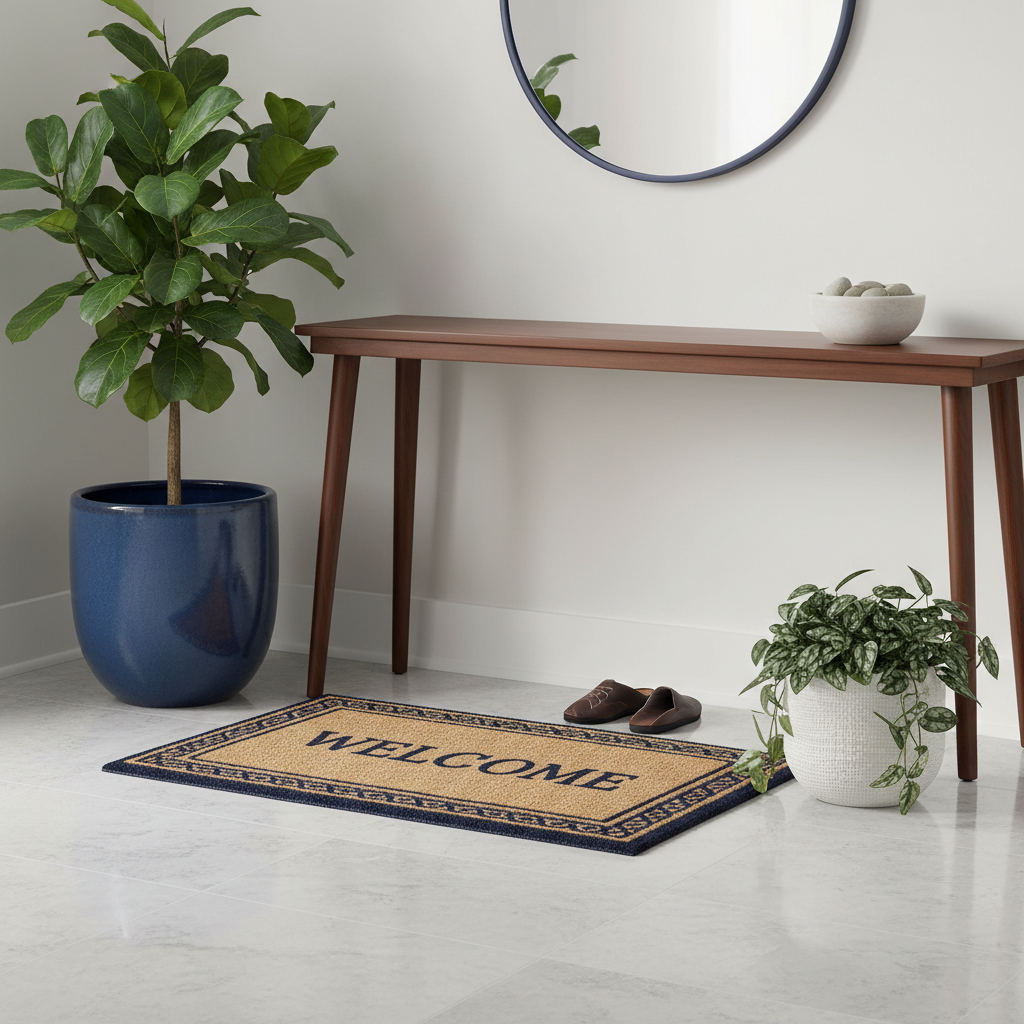 a clean and tidy home entrance area with an inviting doormat, potted plants, and well-polished surfaces, suggesting a we