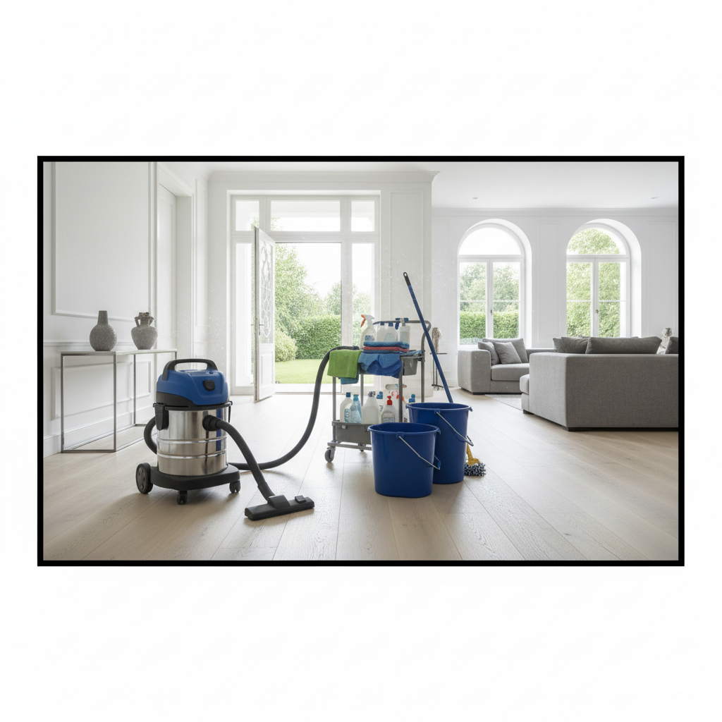 a group of professional cleaning technicians, seen from the back, entering a clean, modern home with their equipment, de