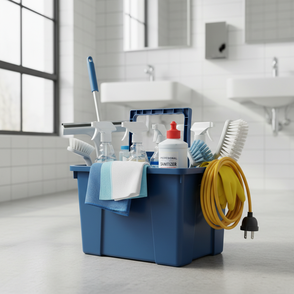 various professional cleaning tools and supplies neatly organized in a caddy, ready for use, in a brightly lit setting