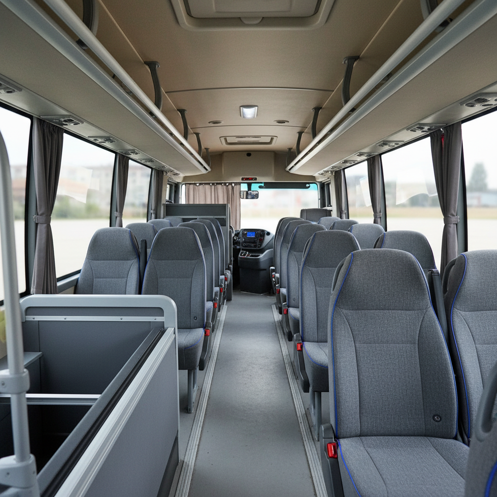 interior shot of a spacious, clean 13-seater minibus with empty seats, showing ample legroom and luggage space. STRICT: - group transportation Singapore