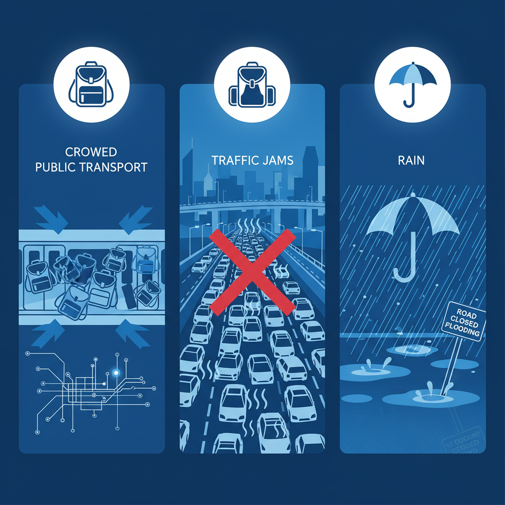 a stylised infographic showing various challenges of morning commute: crowded public transport, traffic jams, and rain, - employee shuttle service Singapore