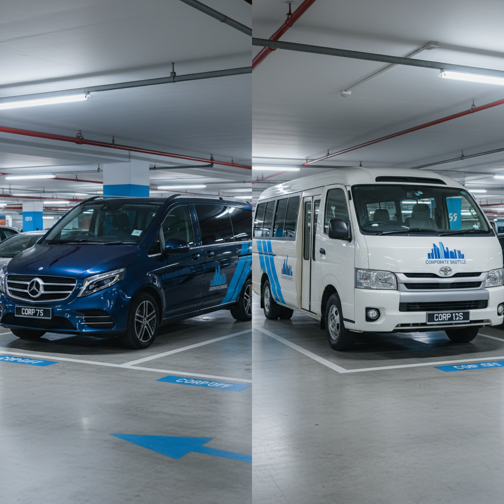 a sleek, eco-friendly corporate shuttle bus parked at a modern office complex, with solar panels on the roof and green l - employee shuttle service Singapore