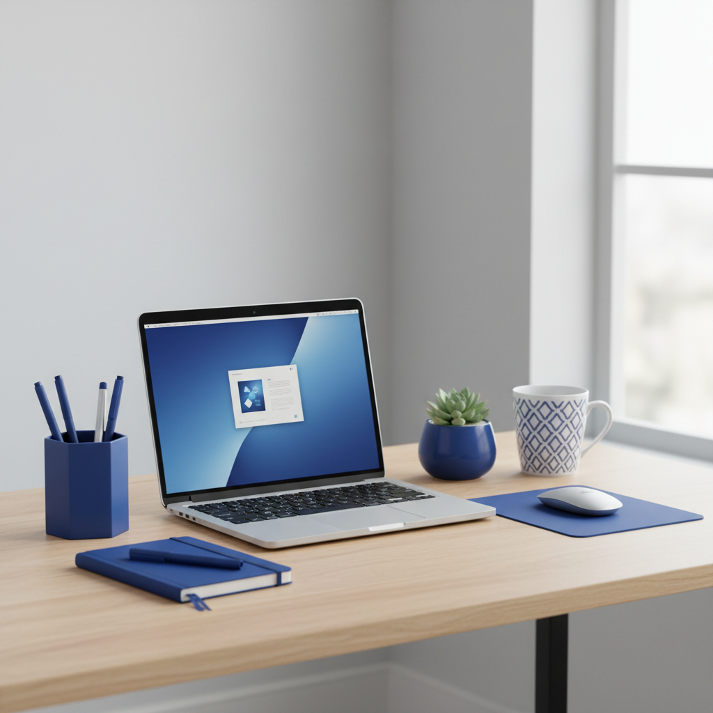 a pristine, modern office desk with a laptop, organized pens, and a small potted plant, illustrating a clean workspace