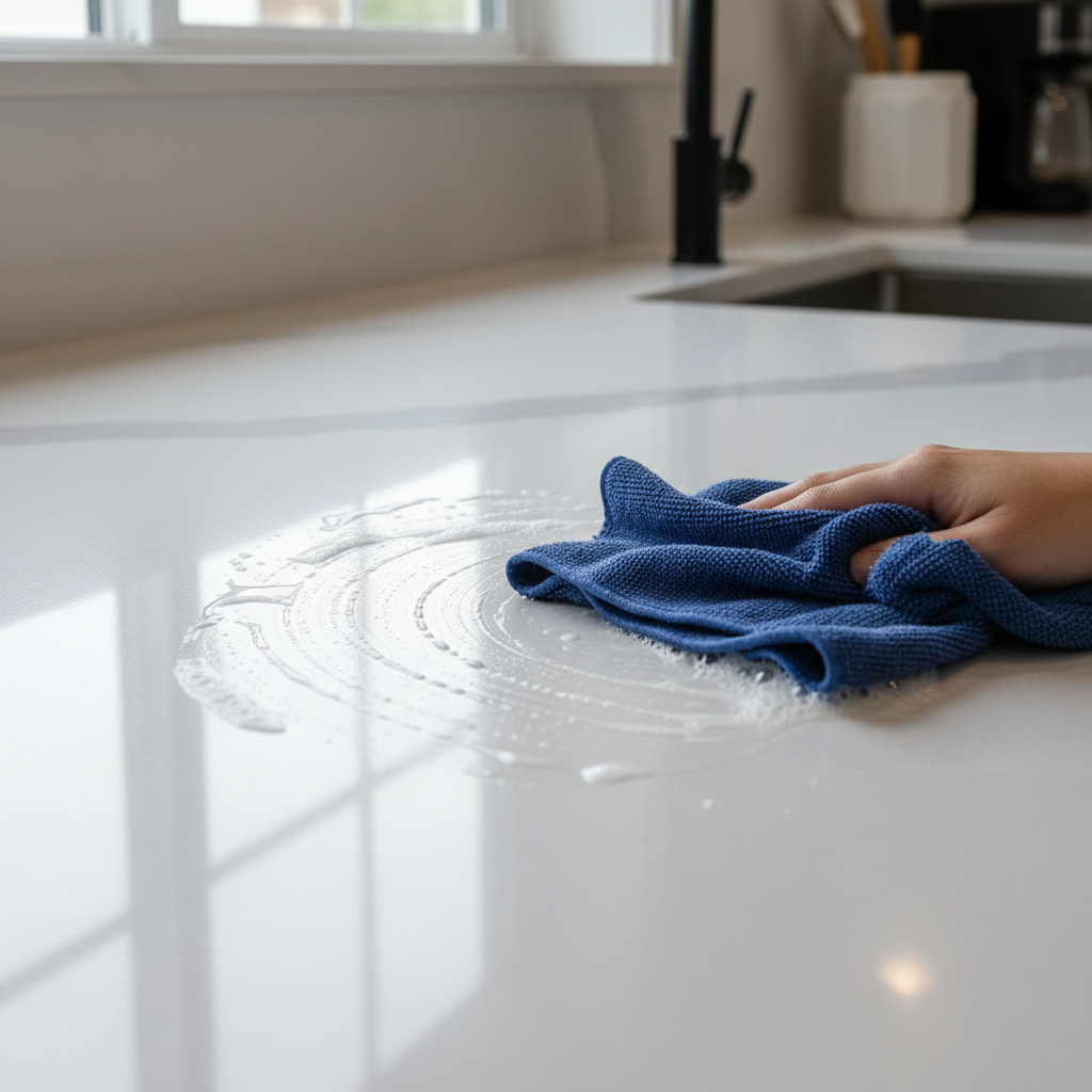 close-up of a microfiber cloth wiping a pristine, gleaming countertop in a modern kitchen