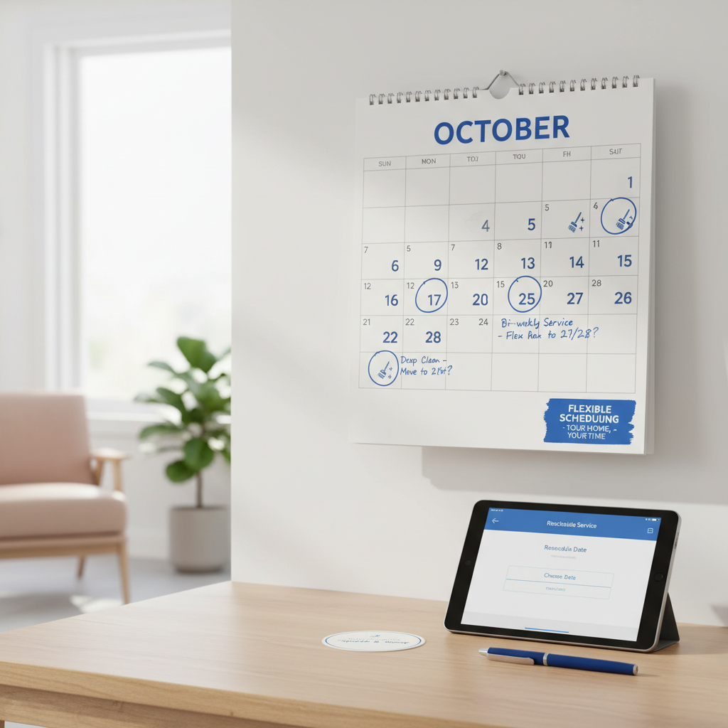 a calendar with specific cleaning dates marked, indicating flexible scheduling options for home services
