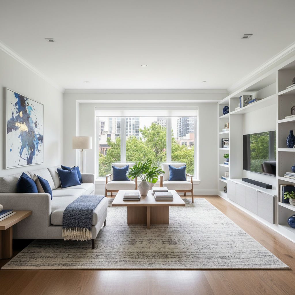 a tidy and organized living room, showcasing a space ready for new occupants or daily living, with minimal clutter and f