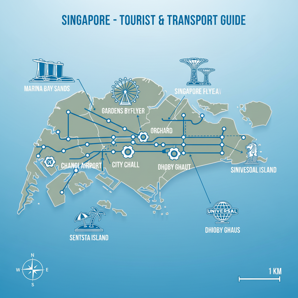 a detailed, high-angle map of Singapore highlighting major tourist attractions and transport hubs, rendered in a clean, - first-time visitor Singapore transport
