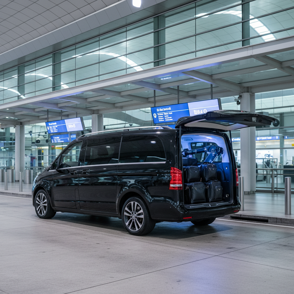 a luxurious 7-seater private maxicab parked directly in front of Singapore Changi Airport's arrival hall entrance, with - first-time visitor Singapore transport