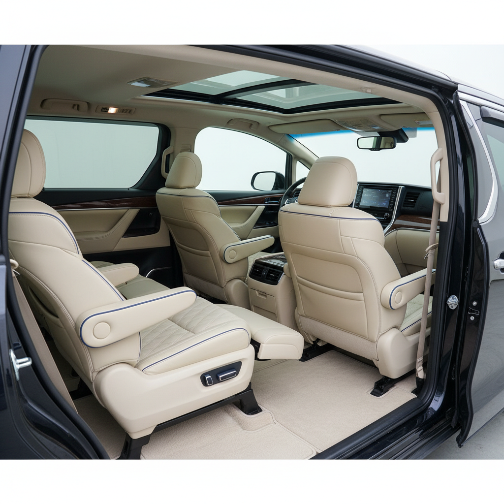 the interior of a luxurious 7-seater Alphard vehicle, showing plush leather seats, ample legroom, and elegant lighting, - first-time visitor Singapore transport