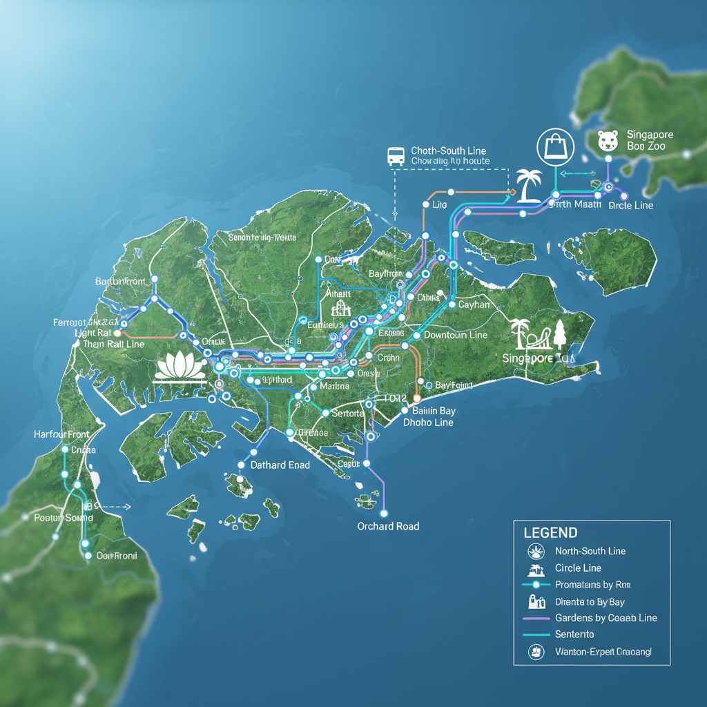a clear, illustrative map showing the MRT lines and their proximity to major Singaporean tourist attractions like Marina - first-time visitor Singapore transport
