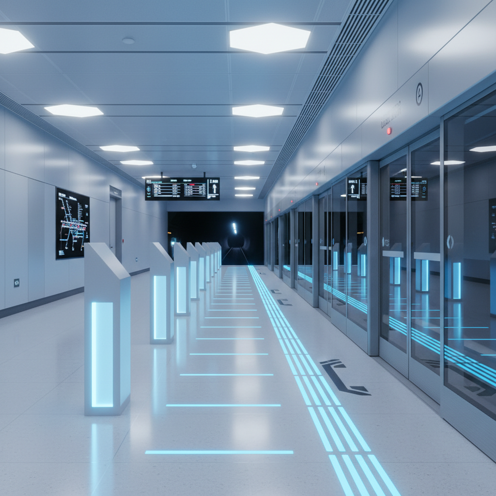 a clean, futuristic MRT platform with clear safety lines and orderly queues of stylized, faceless silhouettes waiting fo - first-time visitor Singapore transport