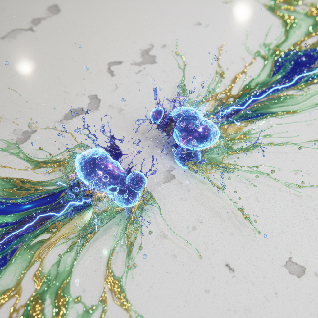 a magnified view of a kitchen surface, showing an abstract representation of bacteria being eliminated by cleaning agent
