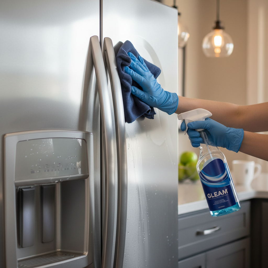 a person wearing gloves wiping down a stainless steel refrigerator door with a spray bottle and microfiber cloth – no vi