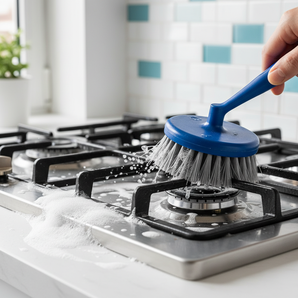 a close-up of a stovetop being cleaned with a scrubbing brush and foaming cleaning solution, ceramic tiles in the backgr