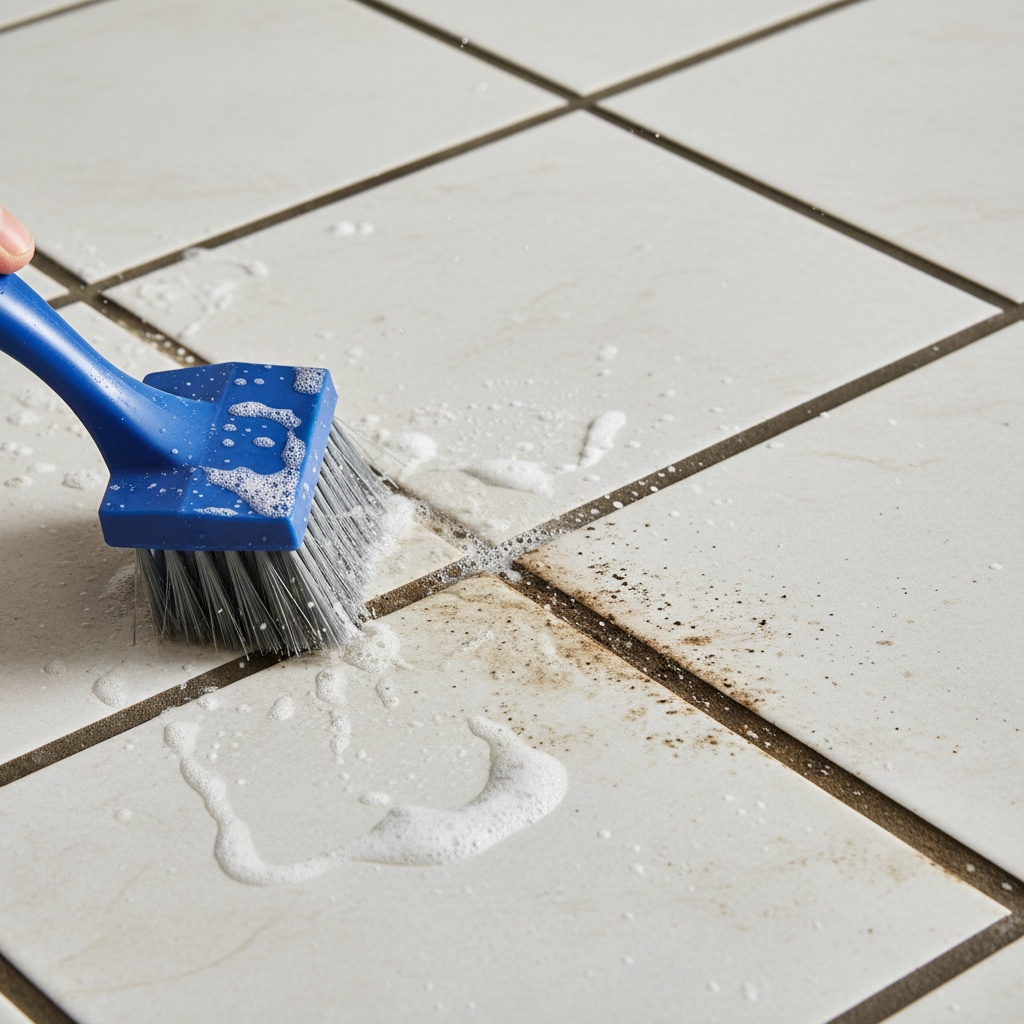 a close-up of kitchen floor tiles with discolored grout being scrubbed with a specialized grout cleaning brush, demonstr