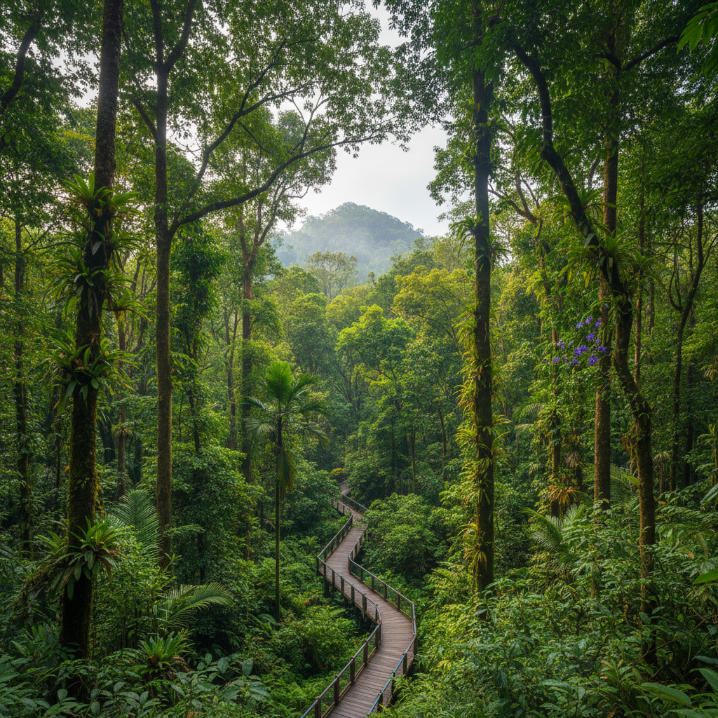 a panoramic view of lush, untouched tropical rainforest canopy in Singapore, with a narrow walking trail winding through - Singapore hidden gems