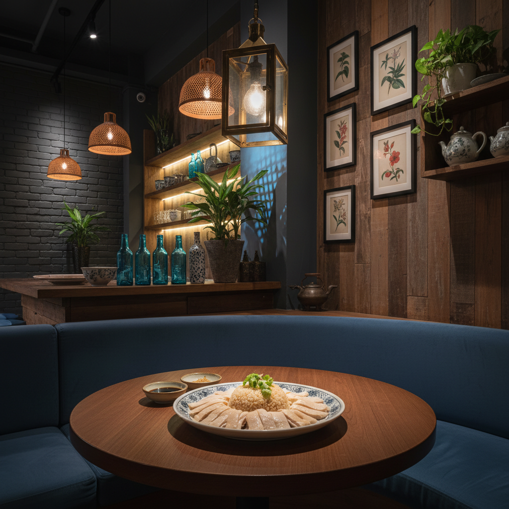 a dimly lit, cozy and tastefully decorated interior of a hidden Singaporean restaurant, with a focus on a single, artful - Singapore hidden gems