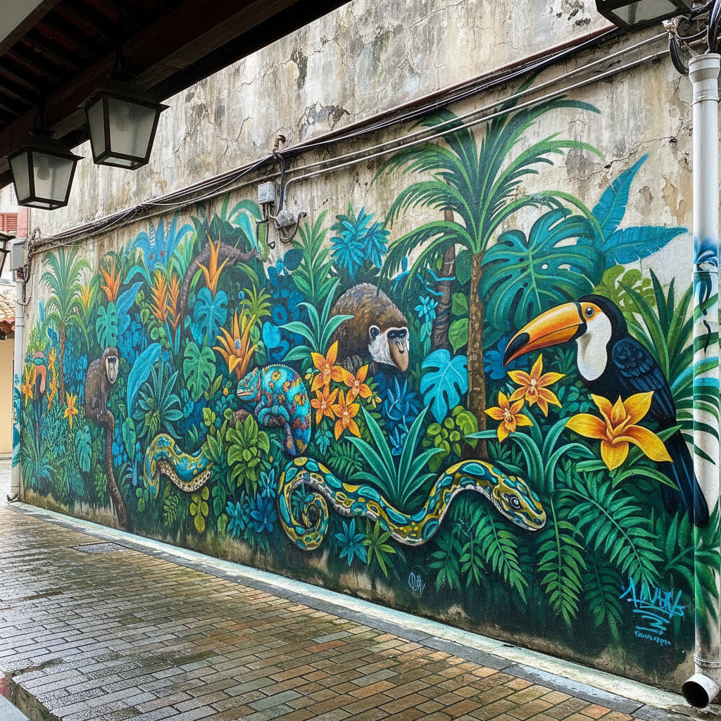 a vibrant, intricate street art mural depicting tropical flora and fauna on a weathered wall in a historic Singaporean a - Singapore hidden gems