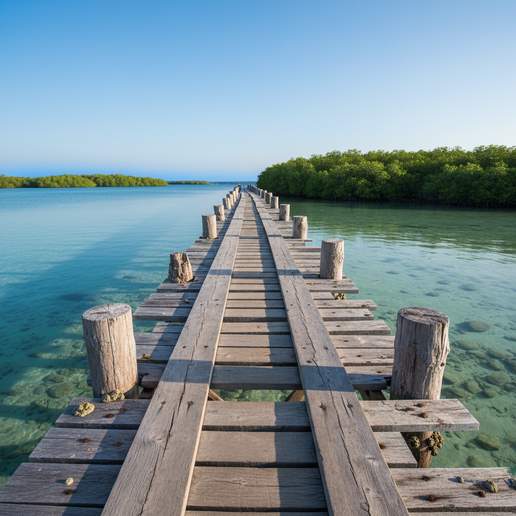 a rustic wooden jetty extending into calm, clear waters, with lush green mangrove trees lining the distant shore, under - Singapore hidden gems