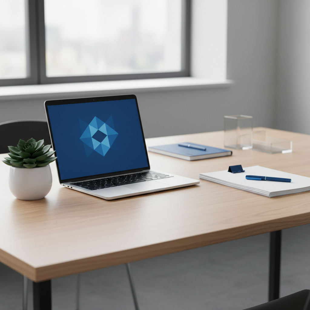 a clean, organized office desk with a laptop, potted plant, and neatly stacked papers, symbolizing regular maintenance.