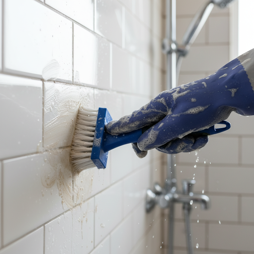 a detailed shot of a hand scrubbing stubborn grout in a tiled shower, emphasizing thoroughness.