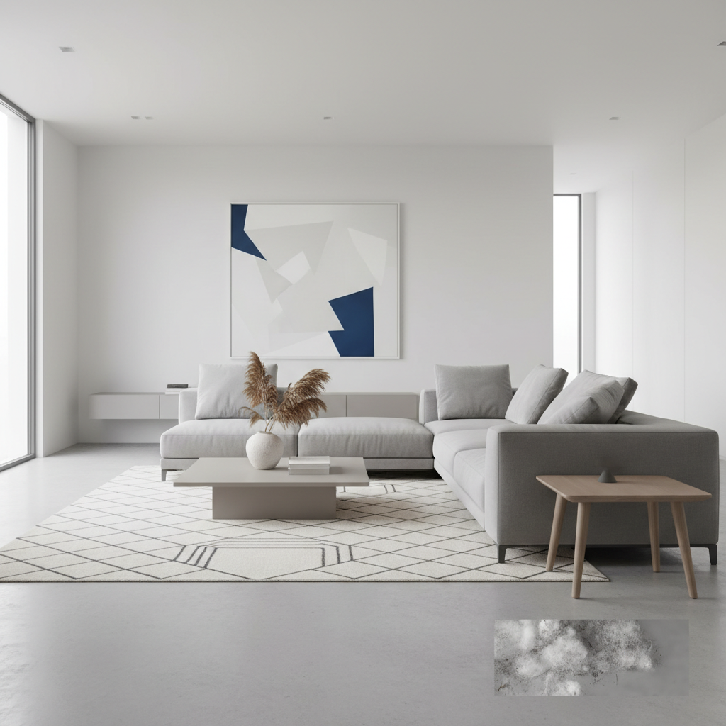 a clean, minimalist home interior contrasted with a small, blurred section showing accumulated dust under a piece of fur