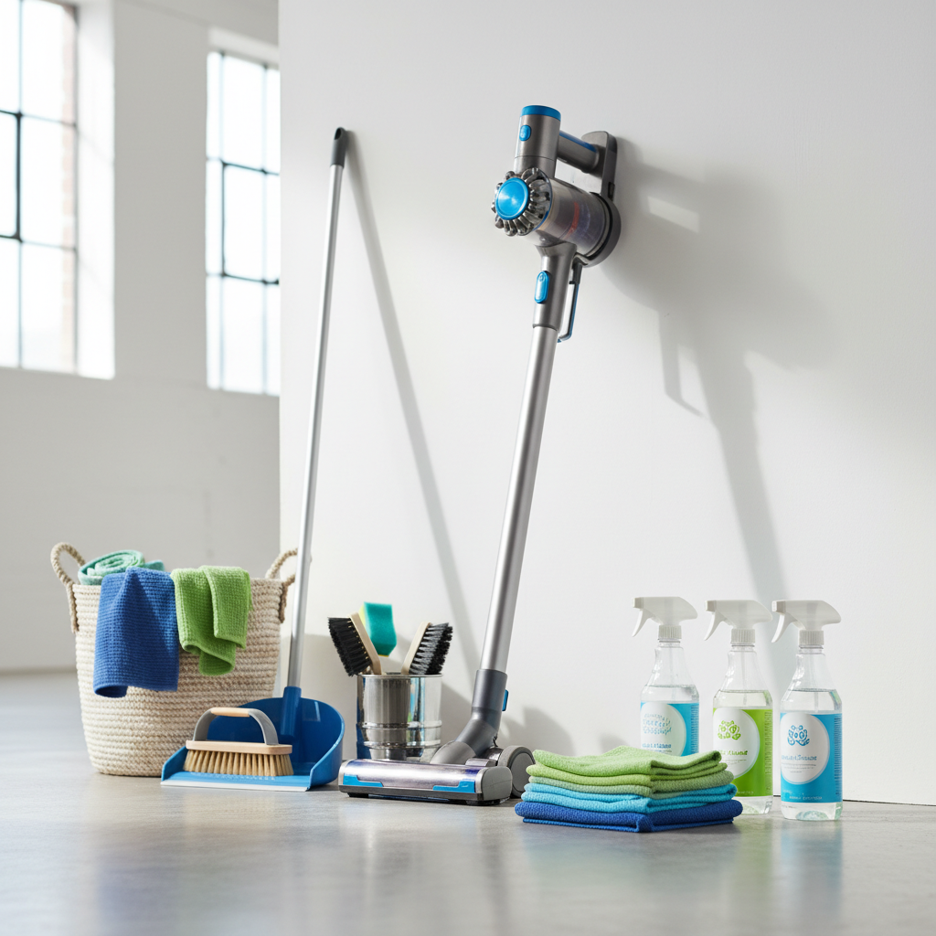 various professional cleaning tools and supplies neatly arranged, including eco-friendly spray bottles, microfiber cloth