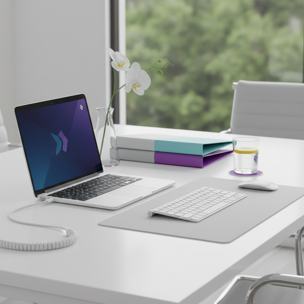 A detail shot of a clean, sanitised office desk with a laptop and a neatly organised workspace, highlighting the cleanli