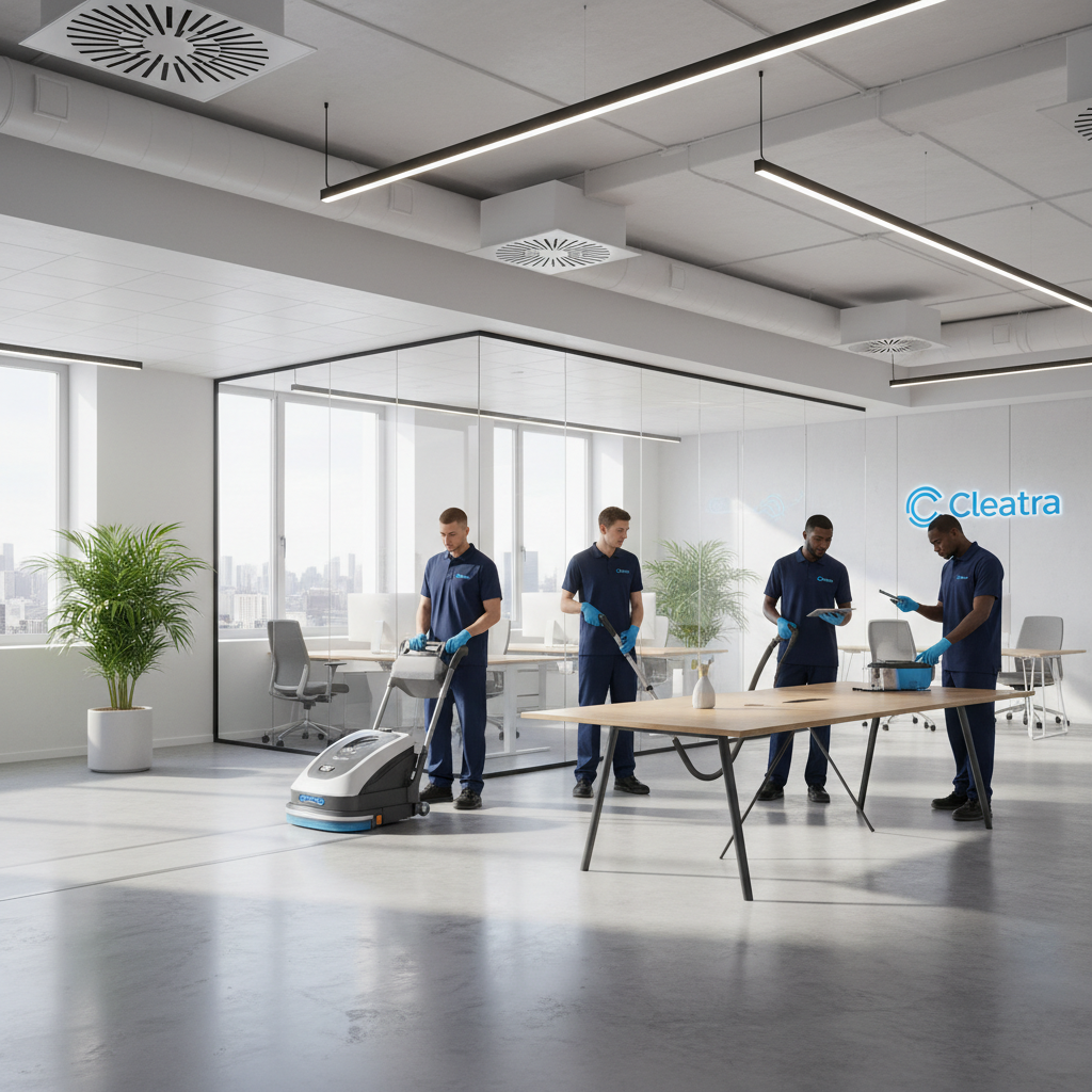 A team of professional cleaners from Cleatra, dressed in smart uniforms, using advanced cleaning equipment in a modern o