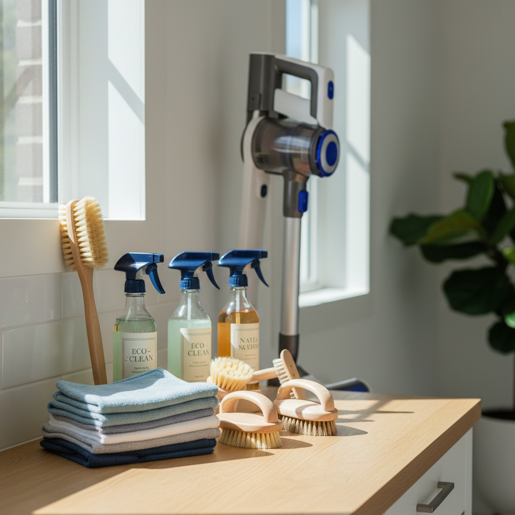 various cleaning tools neatly arranged, including microfibre cloths, brushes, spray bottles with eco-friendly labels, an
