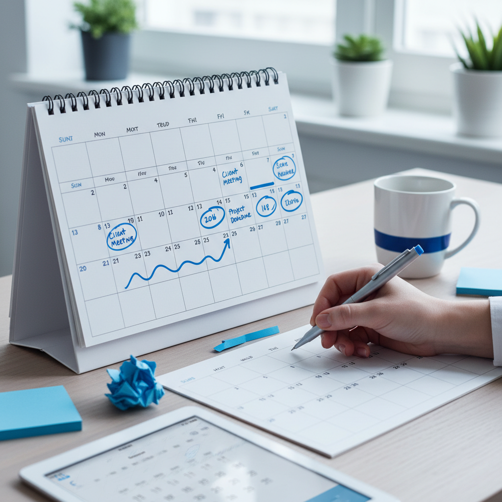 a calendar with various dates marked and highlighted, with a small hand holding a pen, symbolizing schedule planning and