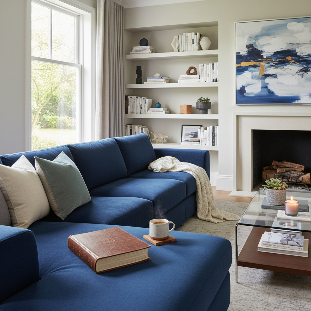 a person relaxing comfortably on a sofa in a clean, organized living room, holding a book, with a sense of peace and con