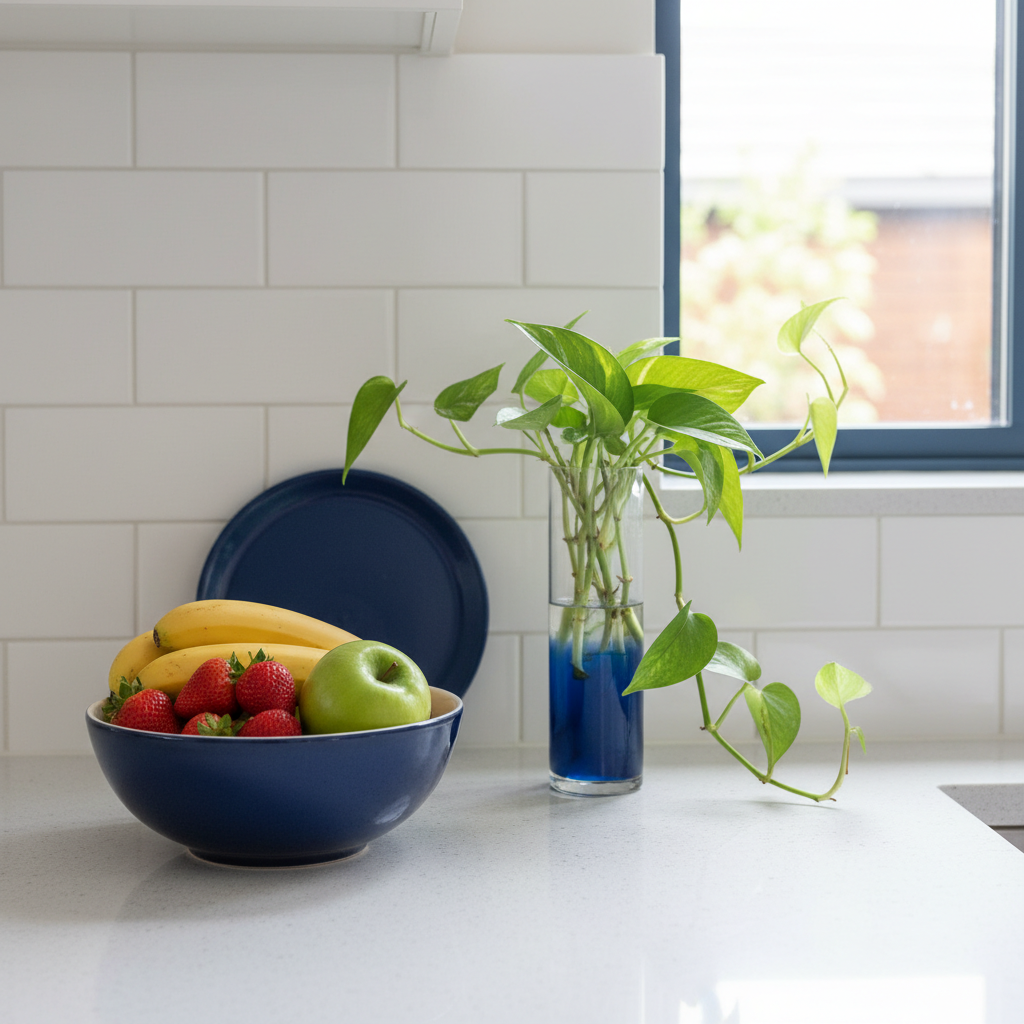 a clean, minimalist kitchen counter with fresh fruit and a plant, reflecting a well-maintained and hygienic space