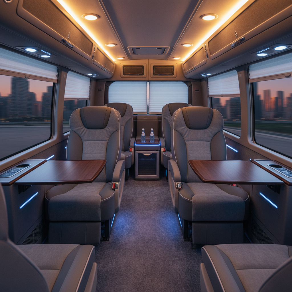 interior of a spacious, clean business-class maxicab with comfortable seating and ample legroom, subtle lighting - corporate roadshows Singapore