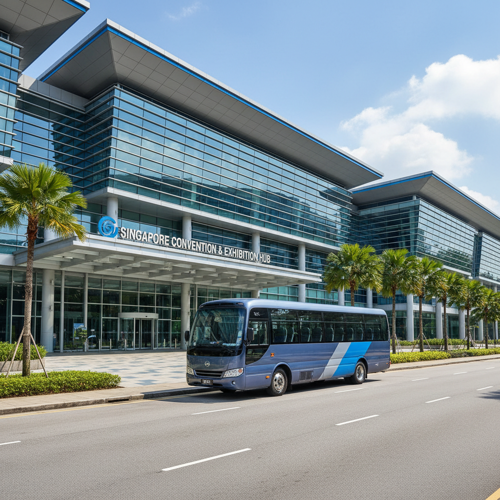a 13-seater minibus parked outside a modern convention center in Singapore, during daytime - corporate roadshows Singapore