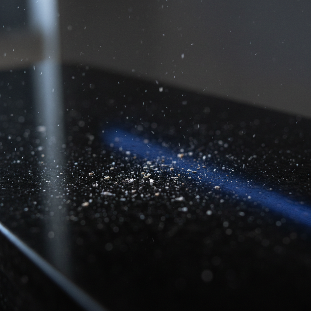 a close-up of fine dust particles settling on a polished, dark countertop, highlighting the microscopic nature of constr