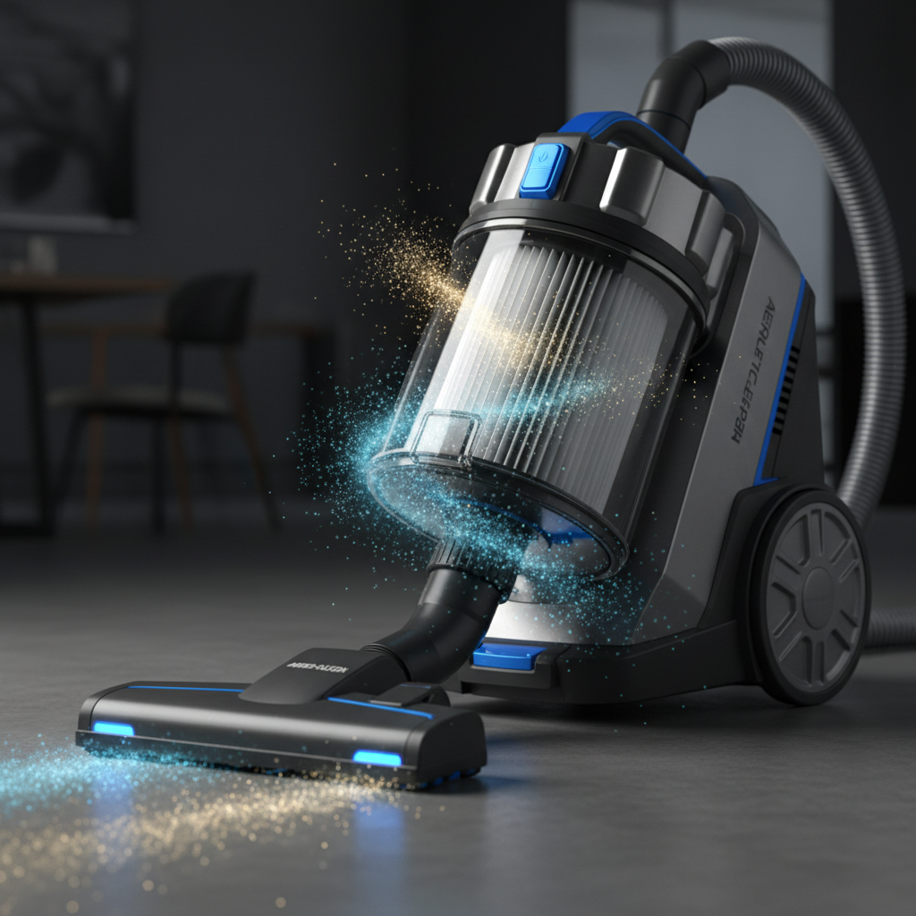 a specialized HEPA vacuum cleaner with glowing dust particles being pulled into the filter, illustrating effective dust 