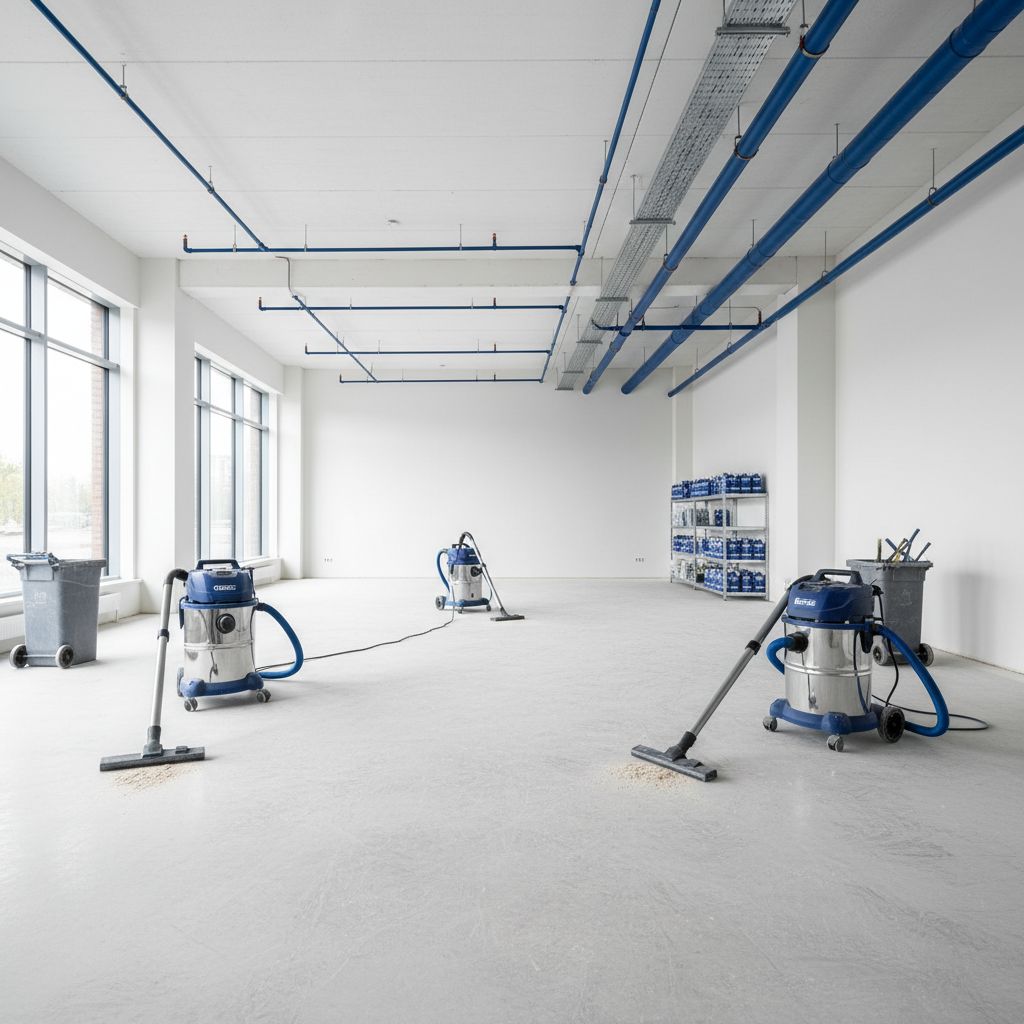 a wide shot of a large, empty commercial space after construction, with a professional cleaning crew using large vacuum 