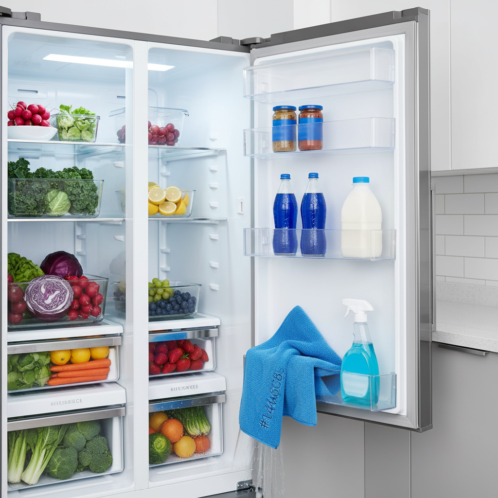 An open refrigerator being cleaned, with shelves wiped sparkling clean and fresh produce arranged inside.