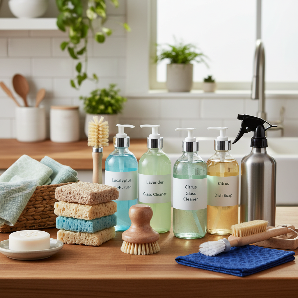 A variety of eco-friendly cleaning supplies, brushes, and sponges neatly arranged on a wooden countertop.