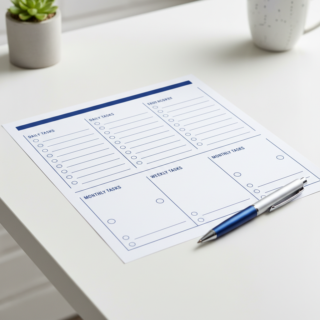 A minimalist printable cleaning checklist template with sections for daily, weekly, and monthly tasks, laid out on a cle