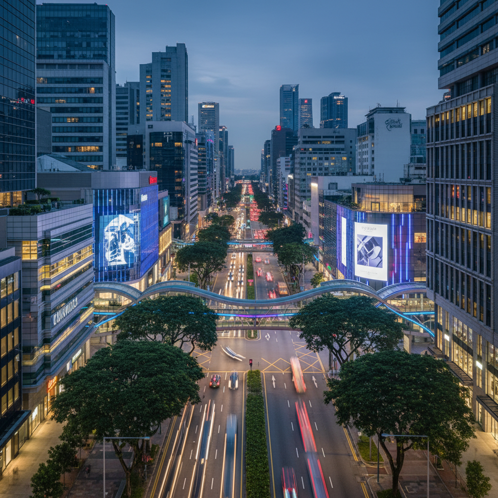 an aerial view of the bustling Orchard Road in Singapore, showcasing multiple modern shopping malls adorned with bright - Singapore shopping districts