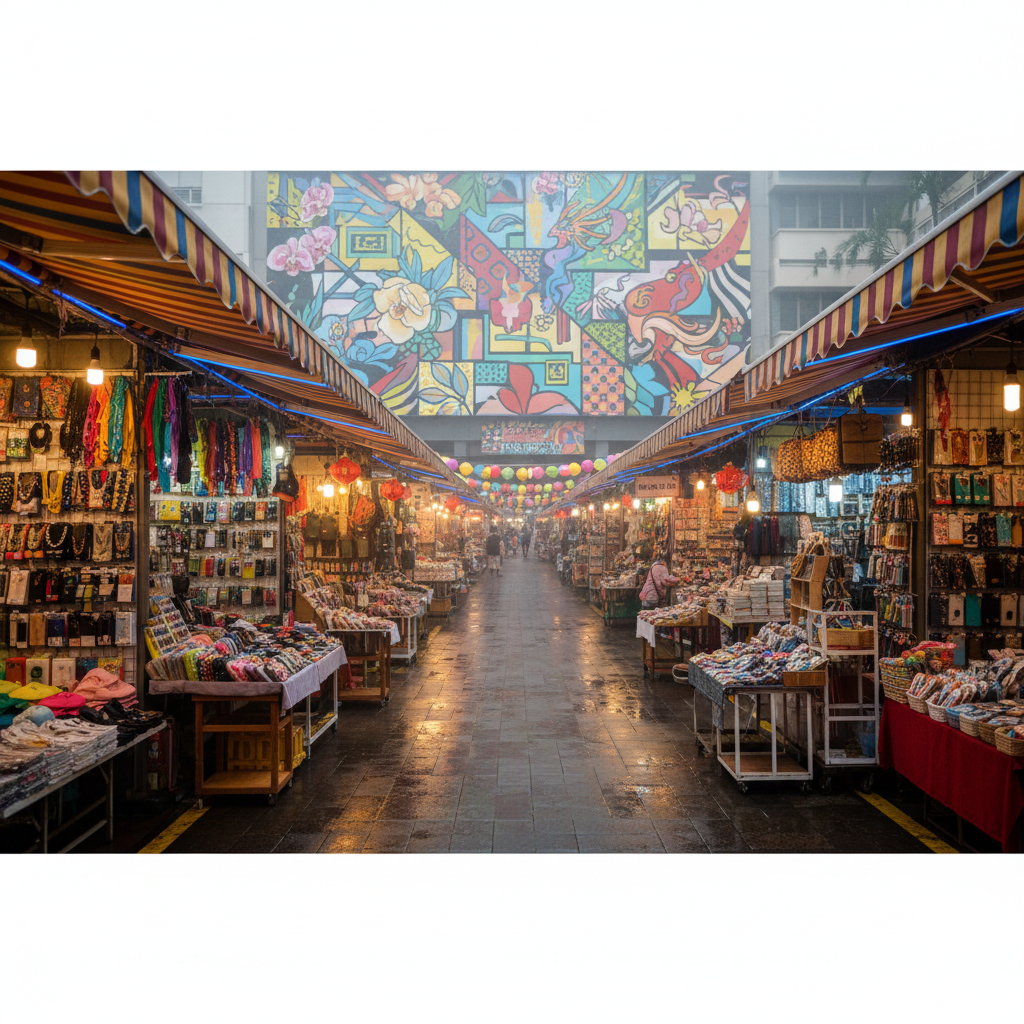 a lively street market scene in Bugis Street, Singapore, with colourful merchandise stalls and intricate street art. STR - Singapore shopping districts
