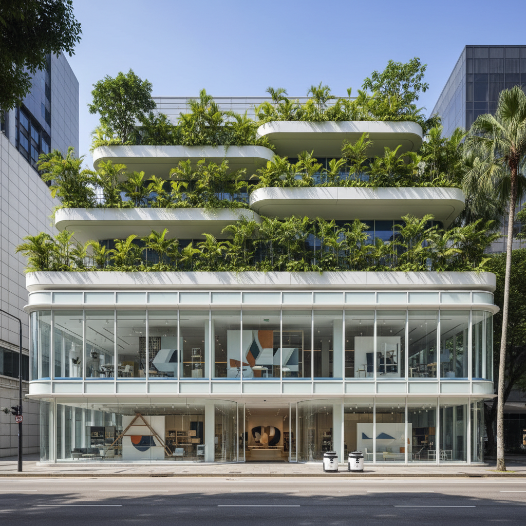 the modern and architecturally striking facade of Design Orchard on Orchard Road, featuring clean lines and large displa - Singapore shopping districts