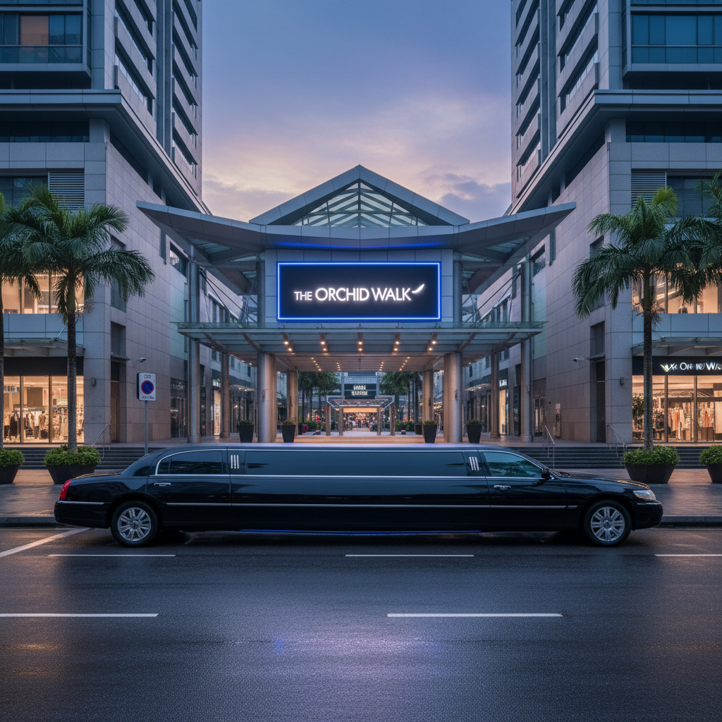 a sleek, professional black limousine parked elegantly in front of a modern Singapore shopping mall entrance, ready to p - Singapore shopping districts