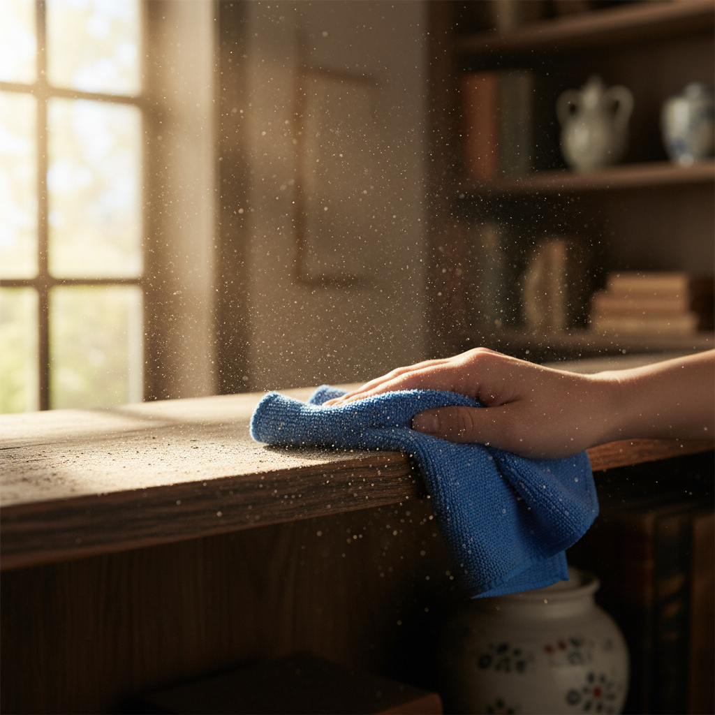 a person cleaning a dusty shelf with a microfibre cloth, sunlight streaming through a window highlighting dust particles