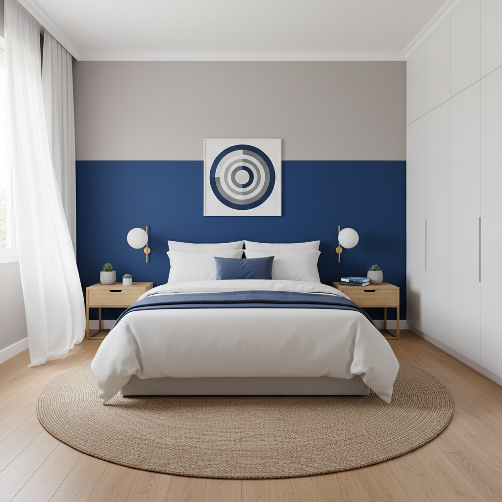a serene, organized bedroom with neatly made bed, minimal clutter, and a sense of calm order