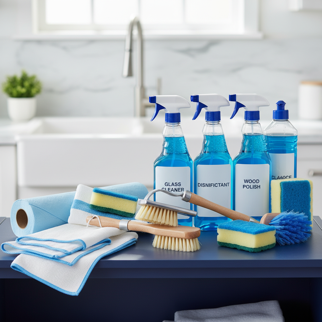 a collection of cleaning tools neatly organized, like sprays, brushes, and cloths, with a blurred background of a clean 