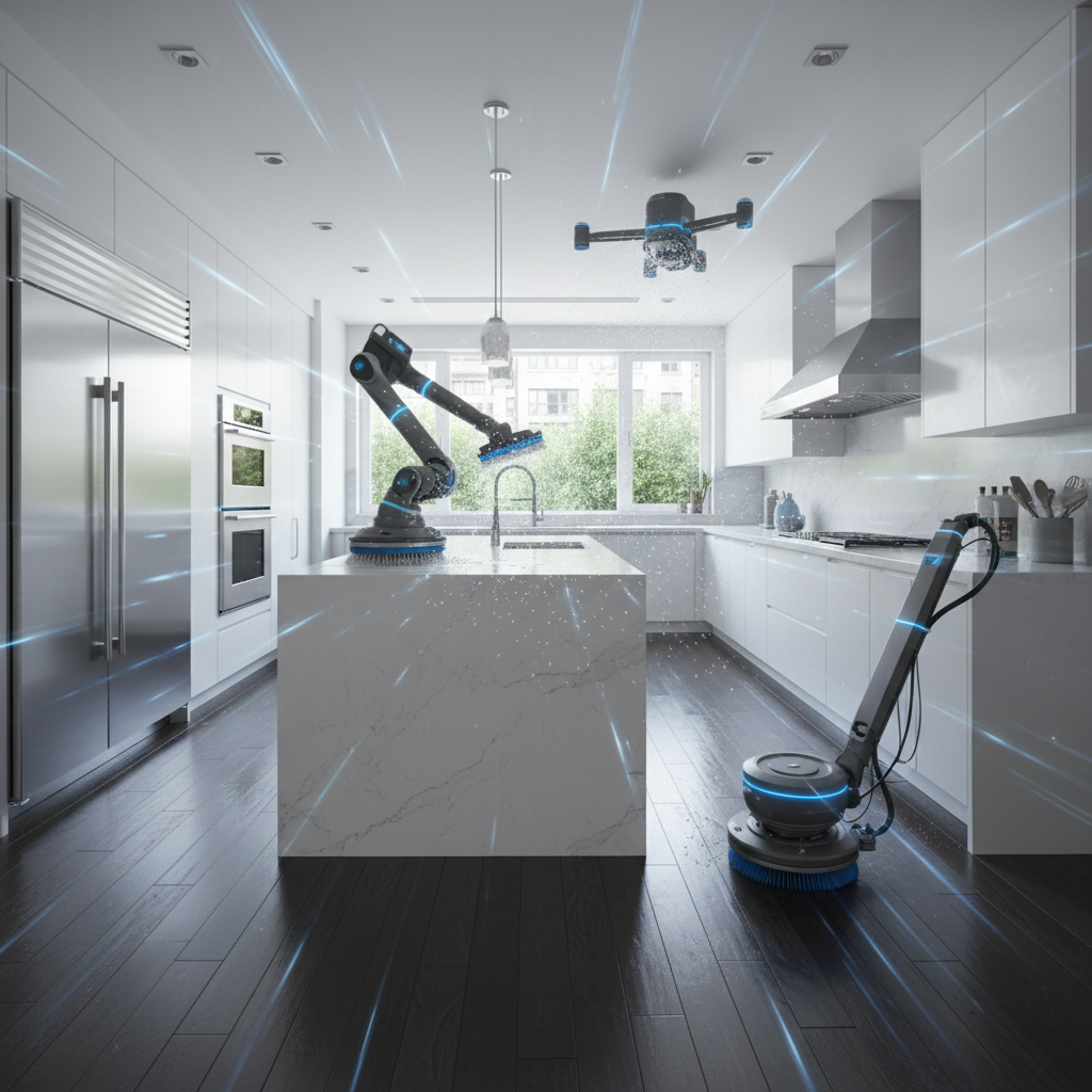 a professional cleaning crew using efficient tools to clean a modern kitchen, showcasing speed and thoroughness