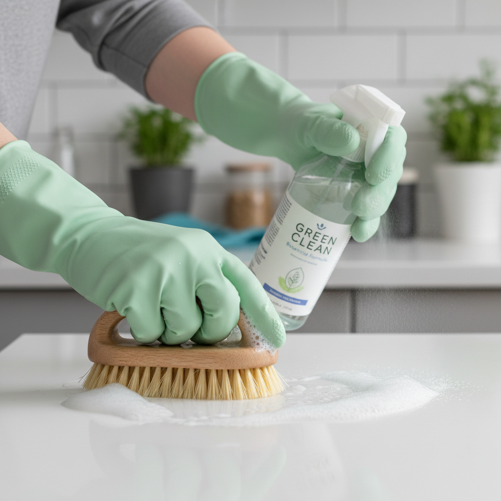 a close-up of hands wearing eco-friendly rubber gloves, scrubbing a surface with a plant-based cleaning spray, depicting